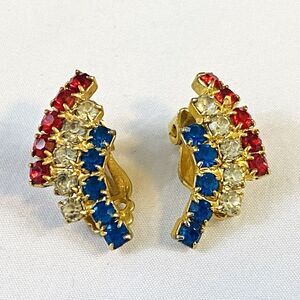 Vintage 70's Patriotic Red White Blue Rhinestone Gold Clip On Earrings